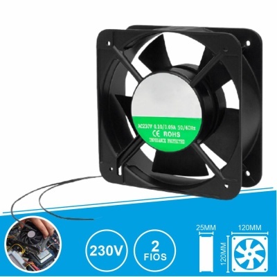 Ventoinha elétrica preta com etiqueta verde e fundo azul com indicações técnicas