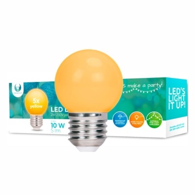 Lâmpada LED amarela redonda com embalagem azul e branca