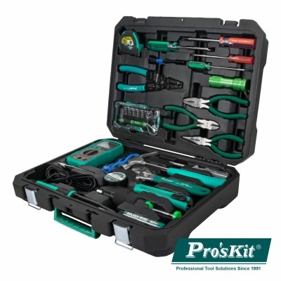 Conjunto de ferramentas Pro'sKit num estojo preto com ferramentas organizadas