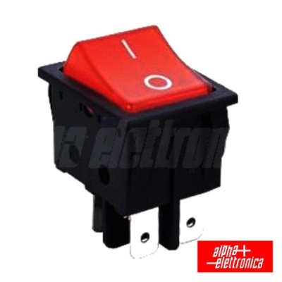 Interruptor basculante vermelho com base preta e conectores metálicos