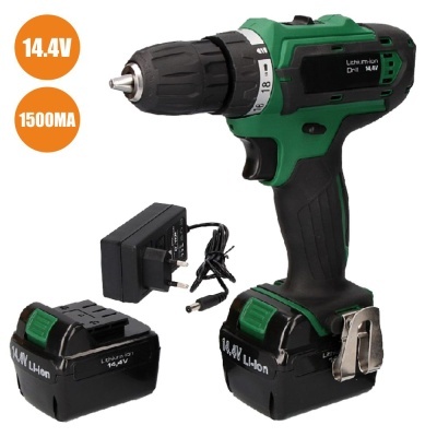 Aparafusadora elétrica verde e preta com bateria e carregador