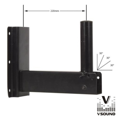 Suporte de parede metálico preto para colunas com indicação de ângulos de 30 graus