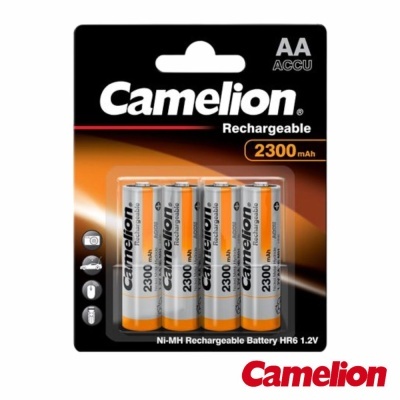 Pack quatro pilhas recarregáveis AA Camelion 2300 mAh em embalagem preta