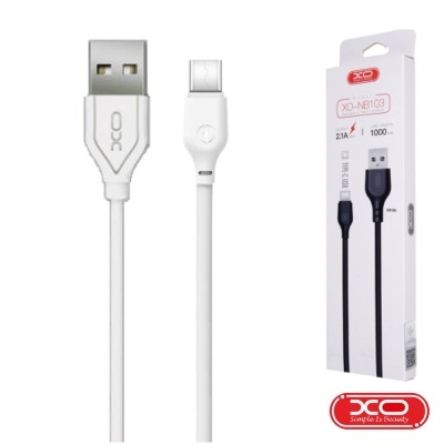 Cabo USB branco XO com conector USB tipo A e micro USB ao lado da embalagem