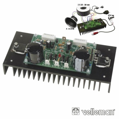 Placa eletrónica com dissipador preto e componentes variados para amplificador, esquema de ligação e logotipo Velleman