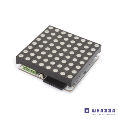 Matriz LED quadrada preta com 64 LEDs e placa branca com conexões