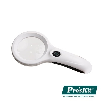 Lupa branca com pega preta e lente circular grande, logótipo ProsKit