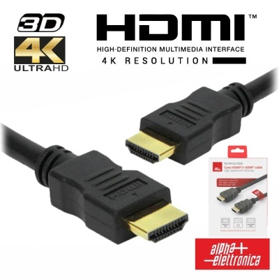 Cabo HDMI preto com conectores dourados e embalagem com logótipo Alpha Elettronica