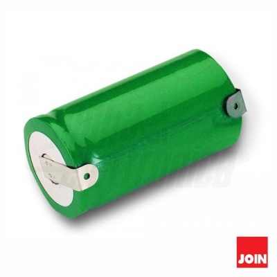 Bateria verde cilíndrica com terminais metálicos e logótipo JOIN