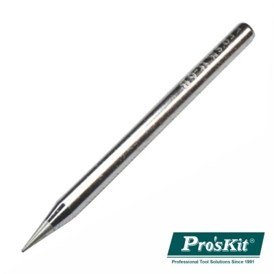 Ponteira de solda metálica com ponta fina e texto gravado visível