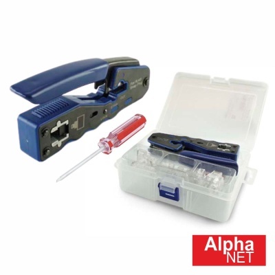 Conjunto de ferramentas para cravar cabos com chave de fendas e estojo plástico transparente.