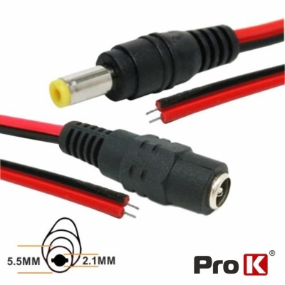 Cabo adaptador de alimentação com conetores DC fêmea e macho, fios vermelho e preto e indicação das dimensões 5.5MM e 2.1MM