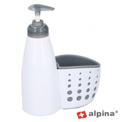 Dispensador de sabão líquido branco com tampa cinza e suporte cinza com furos.