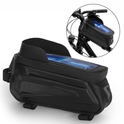 Bolsa preta para bicicleta com visor para telemóvel, fixada no guiador