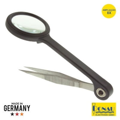 Lupa com pinça metálica e manípulo preto com lente de aumento 8X