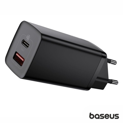 Carregador de parede preto Baseus com portas USB e ficha europeia