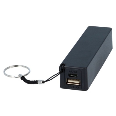 Power bank preto retangular com porta USB e micro USB e chaveiro