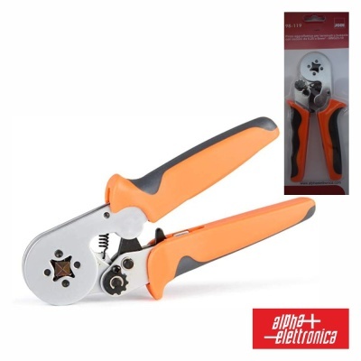 Alicate de crimpar laranja e preto com embalagem de embalagem da marca alphan-electtronica