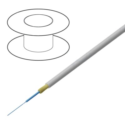 Tubo branco fino com ponta azul e amarelo, ao lado desenho de carretel preto