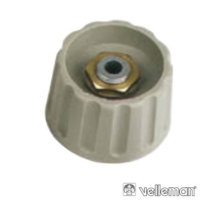 Botão plástico beige com eixo metálico central e logótipo Velleman