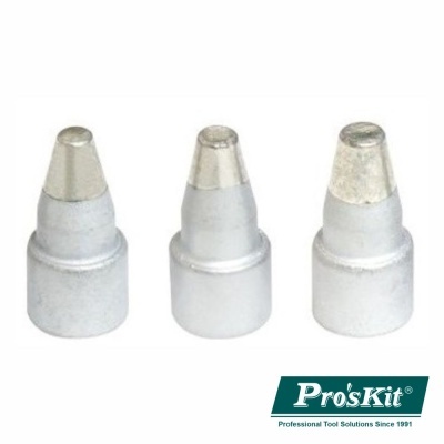 Três pontas para soldador de ferro prateadas e logo Pro'sKit em fundo branco