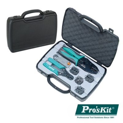 Estojo preto de ferramentas Pro'sKit aberto com ferramentas e estojo fechado ao lado