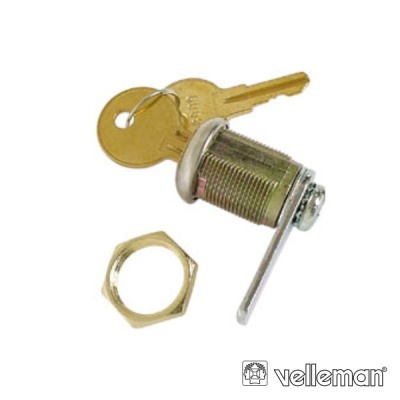 Cilindro de fechadura metálico com chaveta e duas chaves douradas e porca de aperto