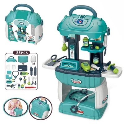 Brinquedo de kit médico com instrumentos verdes e caixa para transporte