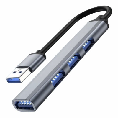 Adaptador hub USB prateado com três portas USB azuis e cabo preto curto