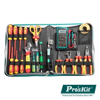 Conjunto de ferramentas Pro'sKit coloridas organizadas em bolsa azul aberta com zíper