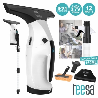 Aspirador de janelas Teesa branco e preto com acessórios e especificações técnicas