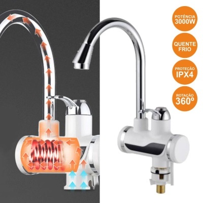 Torneira elétrica cromada e branca com especificações técnicas destacadas