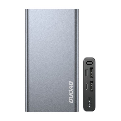Power bank cinza DUDAO com portas USB e indicadores de bateria