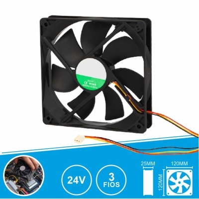 Ventoinha de computador preta com nove pás e cabo colorido três fios.