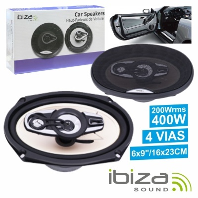 Colunas de carro Ibiza Sound 6x9, 4 vias, 200Wrms, 400W com grelha preta e embalagem