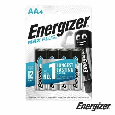 Embalagem de 4 pilhas alcalinas Energizer MAX PLUS AA com personagem e texto