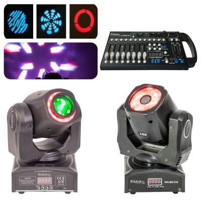 Equipamento de luz móvel LED verde e vermelho e mesa de controle preta com painel digital