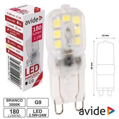 Lâmpada LED mini G9 avide com embalagem branca e vermelha e especificações técnicas