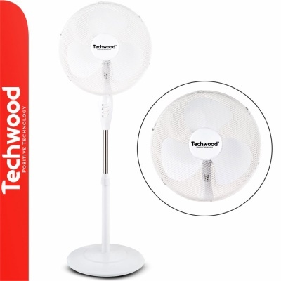 Ventoinha de pé branca Techwood com três pás e protecção em rede.