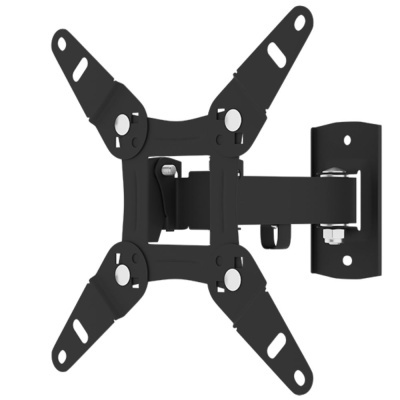 Suporte de parede preto para TV, articulado e ajustável.