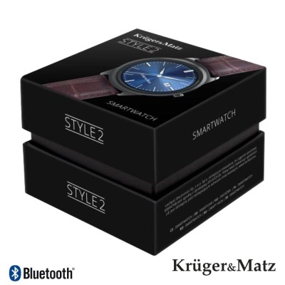 Caixa preta de smartwatch STYLE2 Krüger&Matz com mostrador azul e bracelete castanha