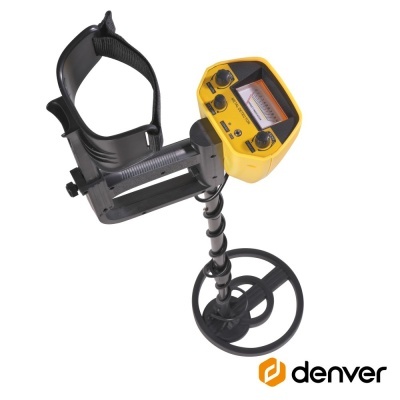 Detector de metais Denver amarelo e preto com visor e controles analógicos