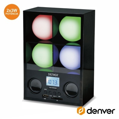 Coluna de som preta Denver com luzes coloridas e display digital
