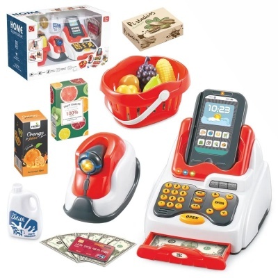Brinquedo de caixa registradora com acessórios de supermercado em grandes volumes
