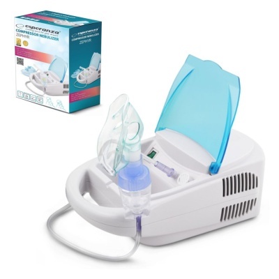 Compressor de nebulizador branco com máscara e caixa ao fundo