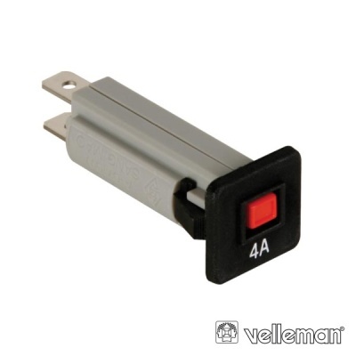 Interruptor botão retangular preto e vermelho 4A com terminais metálicos