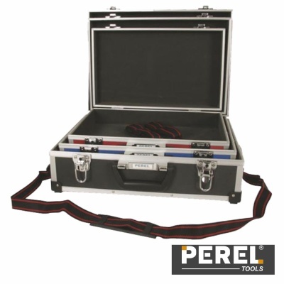 Mala de ferramentas metálica preta com interior cinza e logótipo PEREL TOOLS
