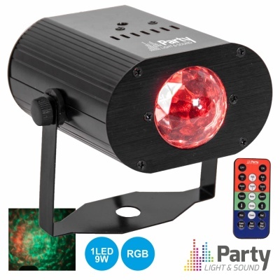 Projetor de luz preto com lente vermelha e controlo remoto colorido