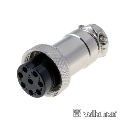 Conector circular metálico prateado com pinos pretos