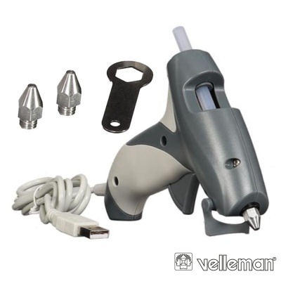 Pistola de cola quente cinza com cabo USB branco, duas pontas de metal e chave preta